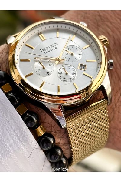 Ferrucci Functions Active White Dial, Yellow Steel Band,Guaranteed, Men's Wristwatch Bracelet with Calendar