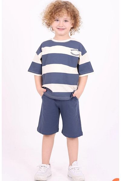 ayzen store Straight Line Printed 3-4-5-6 Years Old Oversize Cut Cotton Boy's Summer Shorts Suit