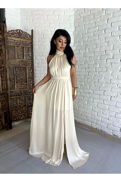 moneta boutique Γυναικείο μακρύ σατέν φόρεμα με γιακά Halter