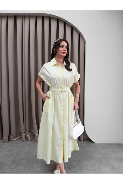 Julidress Rochie cămașă cu curea cu nasturi galben deschis