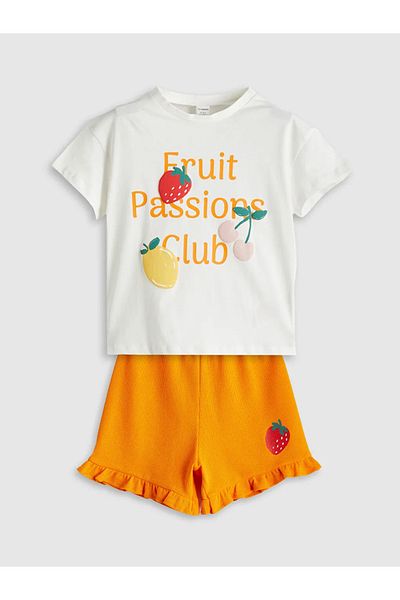 LC Waikiki Lcw Kids Ecru Combed Cotton Printed Girls T-Shirt and Shorts 2 Pack