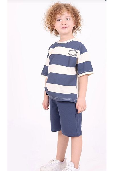 ayzen store Straight Line Printed 3-4-5-6 Years Old Oversize Cut Cotton Boy's Summer Shorts Suit