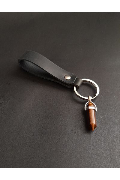 BSN Store Black Genuine Leather Keyring with Natural Tiger Stone