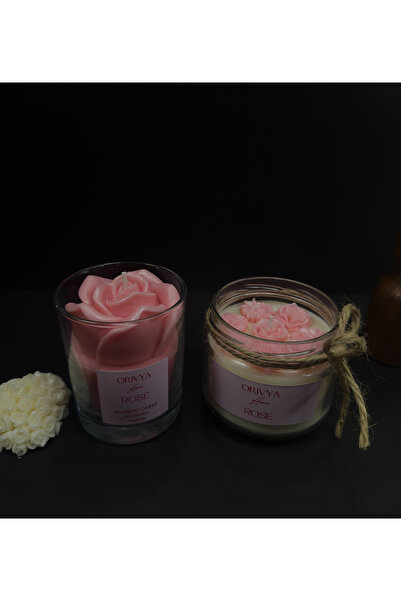 ORİVYA HOME 2 Li Çiçek Açan Mum Seti 330gr Cam Kavanoz Ve 400gr Cam Gül Motif...