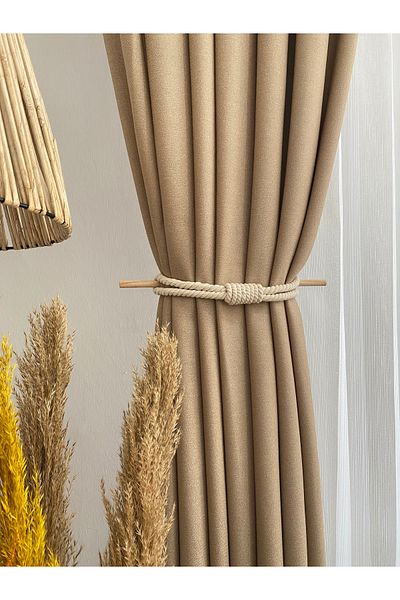 BARBAROSSA HOME Natural Cotton Rope Background Curtain Tie-Up Apparatus - Cotton Rope Detailed with Wooden Rod - 1 Pc