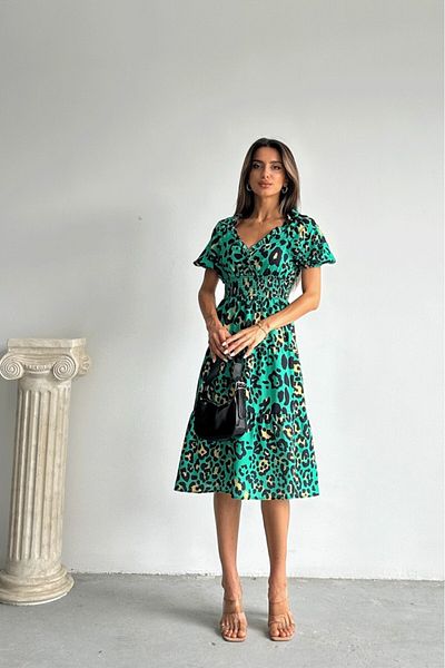 Betimoda Rochie midi cu mâneci scurte, cu talie elastică, leopard, smarald