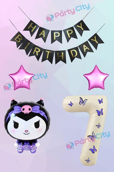 Party City 7 Year Old Kuromi Themed Starry Birthday Celebration Set - Butterfly Cream Colored Number Foil Balloon