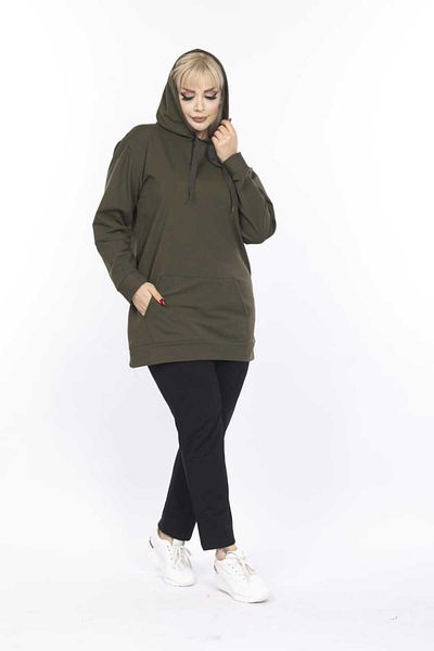 BİrHoşButik Plus Size Full Lycra Hooded Sweatshirt with Collar and Pockets, Long Sleeves, Trendy, Seasonal.
