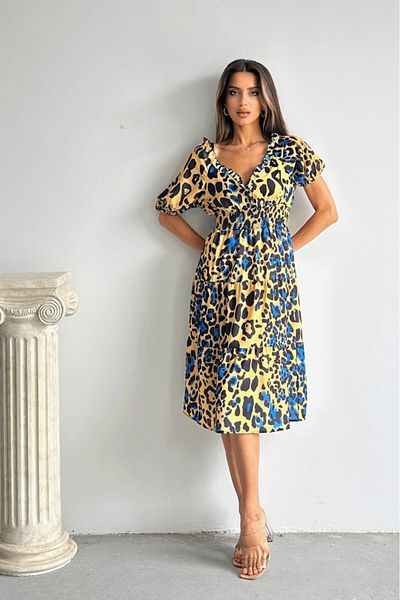 Betimoda Rochie midi cu mânecă scurtă cu talie elastică leopard Saks
