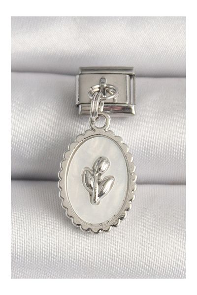 Clariss 316L Steel Silver Color White Enamel Flower Embroidered Nomination Charm