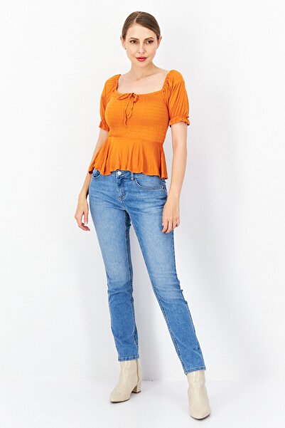 Guess Women Square Neck Short Sleeves Rize Smocked Top, Gold Flake