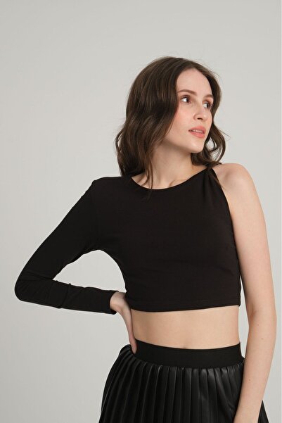 Tek Omuz Siyah Crop Top