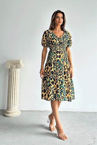Betimoda Κοντό μανίκι ελαστική μέση Leopard Beige Midi φόρεμα