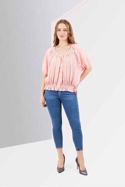 French Connection Women Scoop Neck Puffed Sleeve Peasant Top, Pink