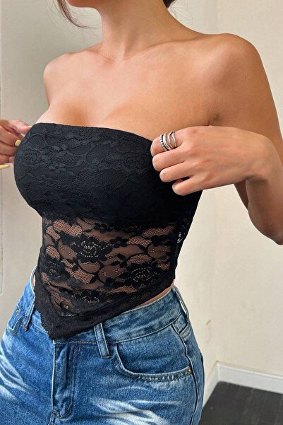 BENİMOLMALI Full Güpür Bra Crop Büstiyer İthal Dantel Straplez Bluz Body