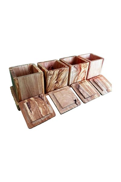hanartz Olive Tree Handmade Set of 4 Spice Jars + Natural Wooden Case |   Rustic Kitchen Decor