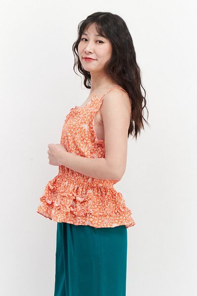 INC Women Ruffle Collar Floral Print Sleeveless Top, Dark Orange