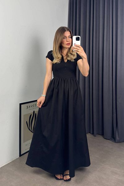 Sue Store Rochie neagră cu mânecă scurtă, cu fermoar, cu guler de cămașă