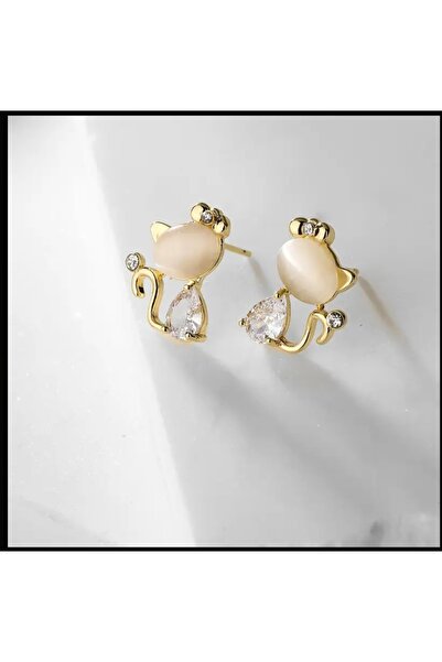 ORGANICYOU RHINESTONE Beyaz zirkonya taşlı sevimli kedi küpe çifti