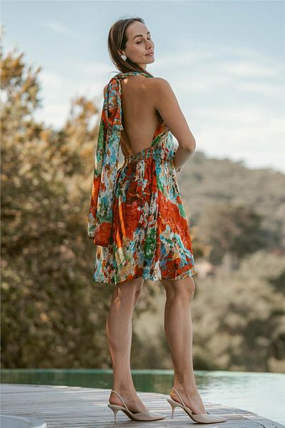 Miss Boheme Orange Halter Backless Silk Short Dress