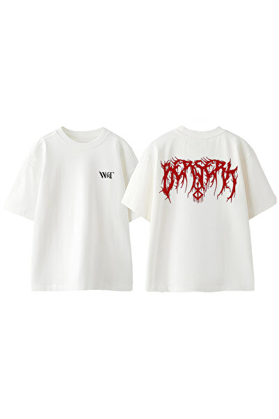 THEWERT Berserk Metal Logo Tasarım Sırt Baskılı Pamuk Beyaz Oversize T-shirt