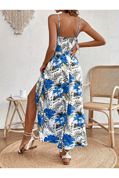 Viyamo Dámské šaty s provazovým popruhem, výstřihem do V, pasem, guipure, květinovým potiskem, bočním rozparkem, maxi jednolůžkové šaty