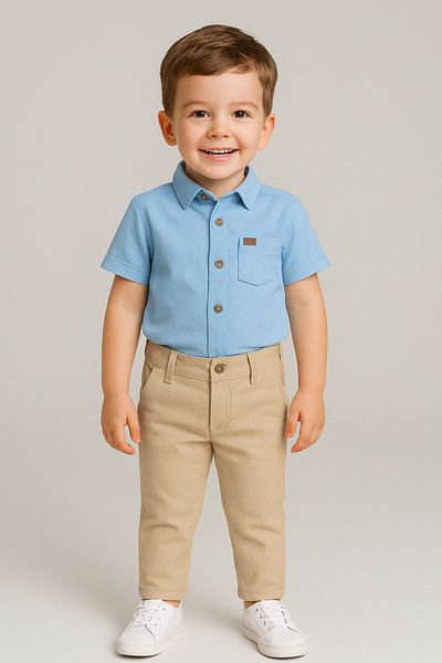 DUBAİ ÇOCUK Boy's Short Sleeve Linen Shirt and Trousers Suit Eid