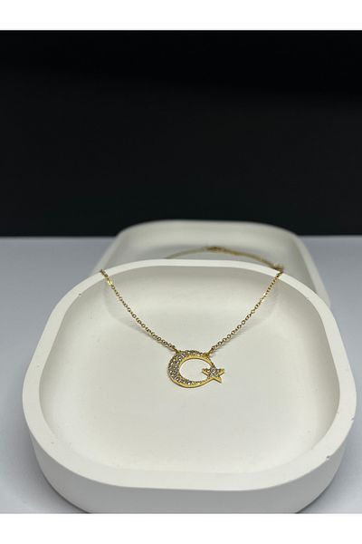 TuQos Gold Color Steel Turkish Flag Necklace
