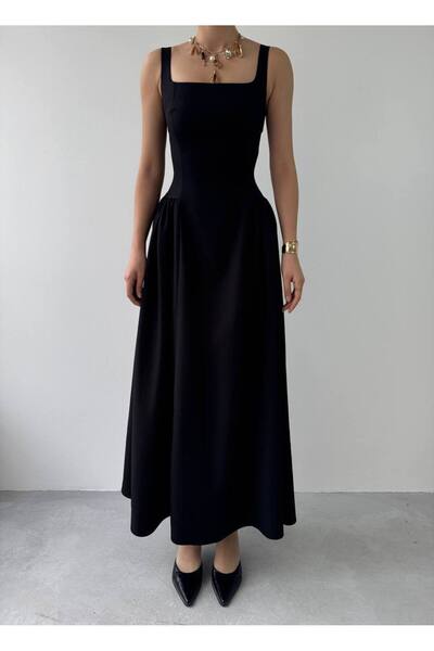 SEVENLINE Kadın Kare Yaka Askılı Piliseli Maxi Boy Elbise