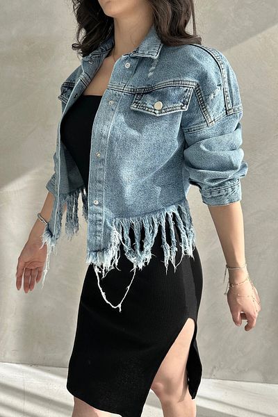 bacc Jachetă de jeans de vară cu ciucuri albastru și detaliu învechit pentru femei Bcdf- 255418