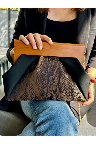 JOPHIEL Patchwork, Zincirli, Ahşap Burslu Çanta, Clutch, El Çantası, Kol Çantası, Omuz Çantası