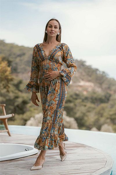 Miss Boheme Mustard Madonna Collar Silk Dress
