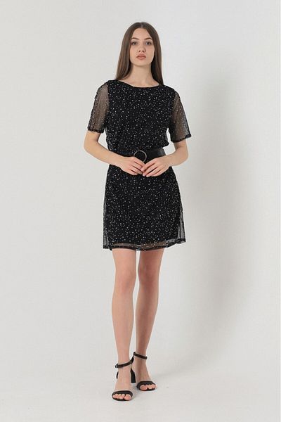 Betimoda Polka Dot Short Sleeve Belt Lined Above Knee Dress Black