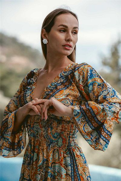 Miss Boheme Mustard Madonna Collar Silk Dress