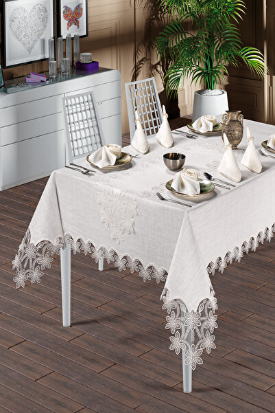 Annalisa Beta Set 26 Parça Keten Fransız Dantelli Peçeteli Lüks Masa Örtüsü T...