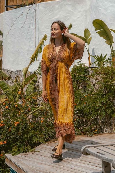 Miss Boheme Brown Patterned Silk Dress