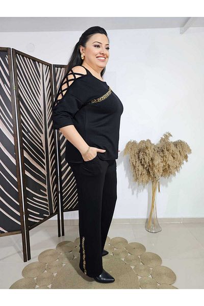 BİrHoşButik Plus Size Full Lycra Off Shoulder Pocket Gold Striped Daily Trend Seasonal Comfortable Track Suit