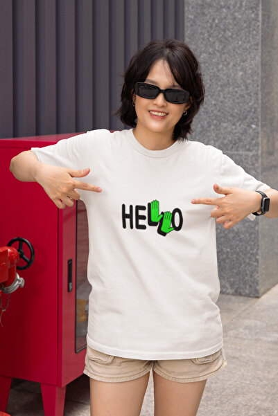 MG Hello Printed Women's Crew Neck Cotton Oversize Short Sleeve T-Shirt