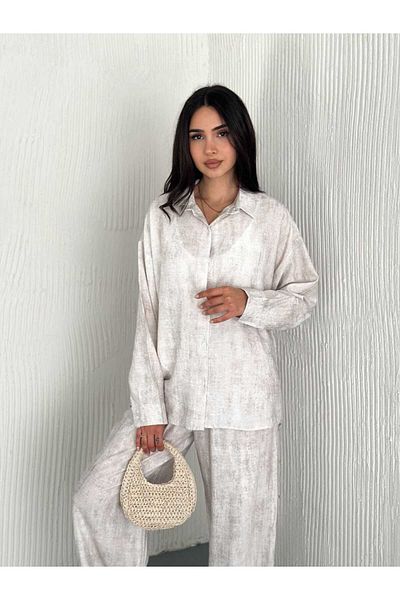 Butik Merrline Women's Cream Strawberry Linen Fabric Mini Button Shirt Wide Leg Pants Bottom Top Two-Piece Set