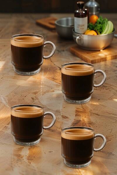 MEDUSHOP 4 Adet Kulplu Çay-Kahve Fincanı Cam Salvador Çizgili ( 1 Adet 160 ML )