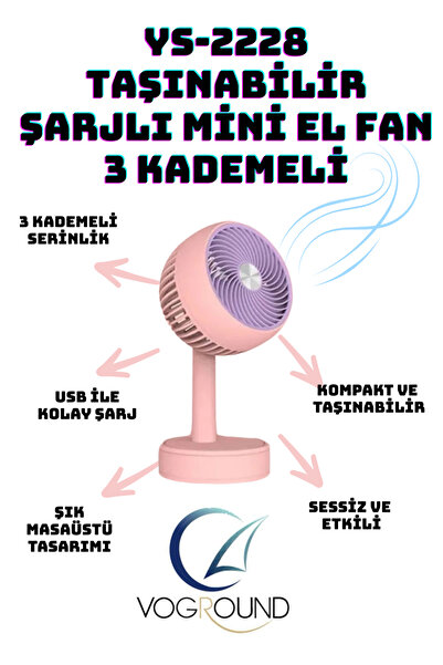 Voground Taşınabilir Şarjlı Mini Fan 3 Derece Portatif Fan Vantilatör Klima Şarjlı Soğutucu Serinletici