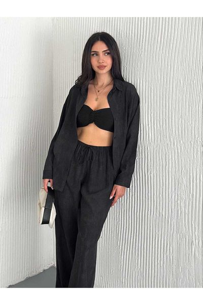 Butik Merrline Women's Black Strawberry Linen Fabric Mini Button Shirt Wide Leg Pants Bottom Top Two-Piece Set