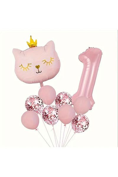 ALYA PARTY Pink Crowned Cat Figure Foil με μπαλόνια Σετ γενεθλίων Σετ γενεθλίων