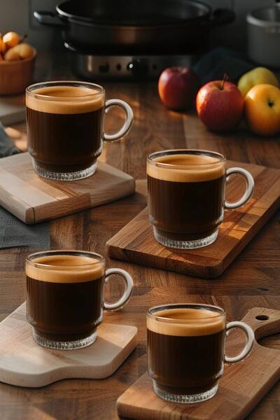 MEDUSHOP 4 Adet Kulplu Çay-Kahve Fincanı Cam Salvador Çizgili ( 1 Adet 160 ML )