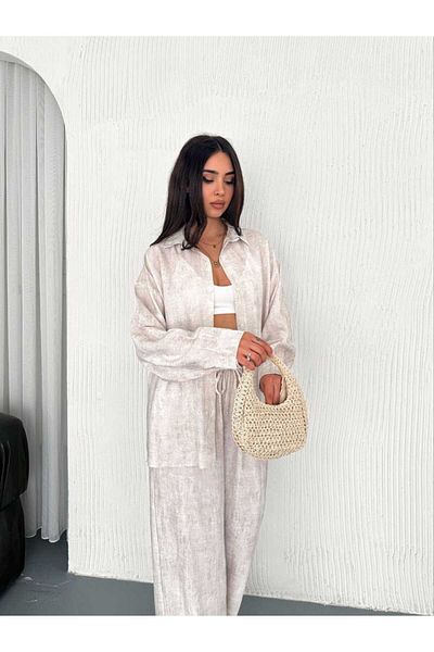 Butik Merrline Women's Cream Strawberry Linen Fabric Mini Button Shirt Wide Leg Pants Bottom Top Two-Piece Set