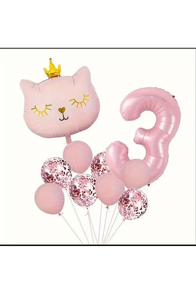 ALYA PARTY Pink Crowned Cat Figure Foil με μπαλόνια Σετ γενεθλίων Σετ γενεθλίων