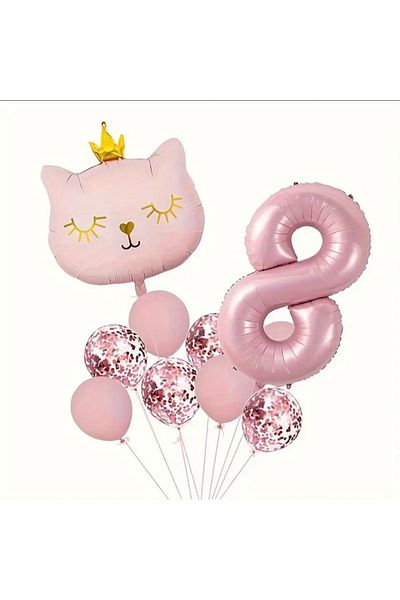 ALYA PARTY Pink Crowned Cat Figure Foil με μπαλόνια Σετ γενεθλίων Σετ γενεθλίων