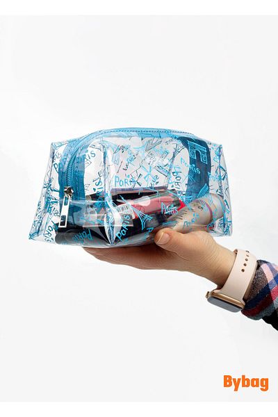 BYBAG Paris Eiffel Tower Printed Blue Color Transparent Pvc Makeup Travel Cosmetic Medicine Baby Sea Bag
