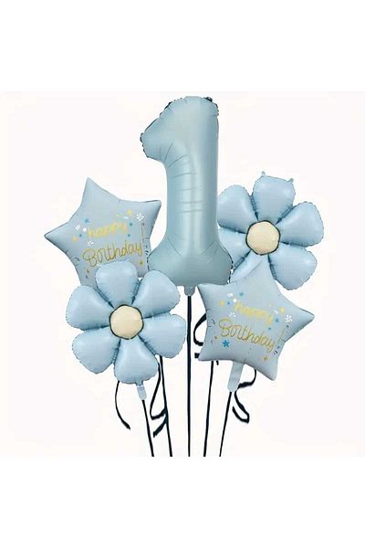 DÜVENCİ TİCARET Retro Blue Daisy Age Balloon Party Set Set of 5