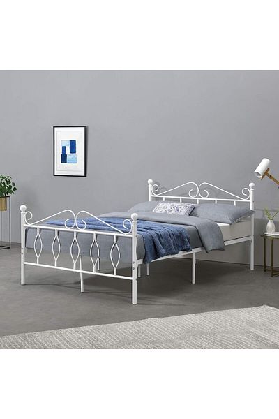 Generic Sturdy Metal Bed Frame Solid Construction with Metal Slats Elegant Design 200x200cm White